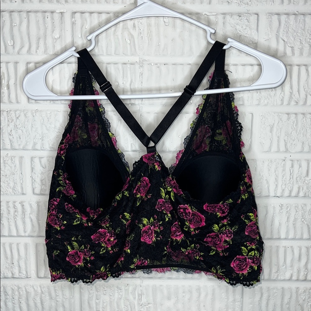 Floral Lace Bralette - Black with Pink Rose Print - Picture 2 of 4